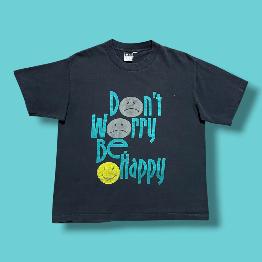 Vintage Faded Black Shirt Smiley Face Graphic Tee 90s Dont Worry Be Happy